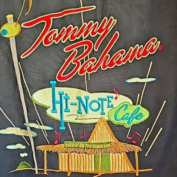 TOMMY BAHAMA 💯 % Silk, casual button-down shirt. Enbroidery back. Lg - Picture 2 of 9